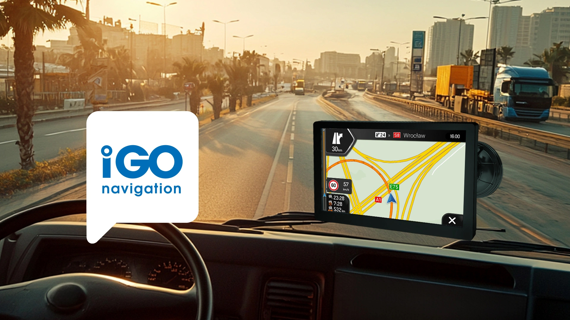 Widok z kabiny ciężarówki na urządzenie nawigacyjne z mapą, ciężarówki na autostradzie.