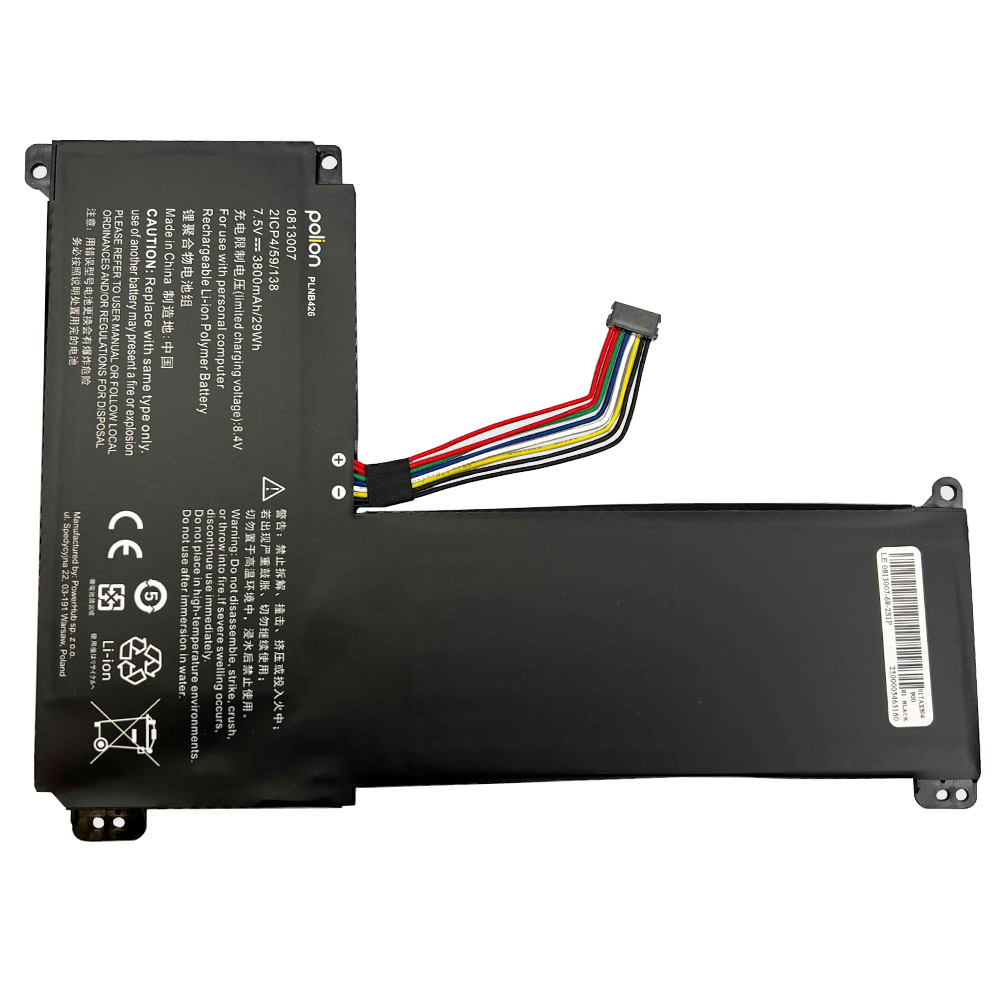 Czarna bateria do laptopa z kablami i symbolami ostrzegawczymi. Model PLNB426.