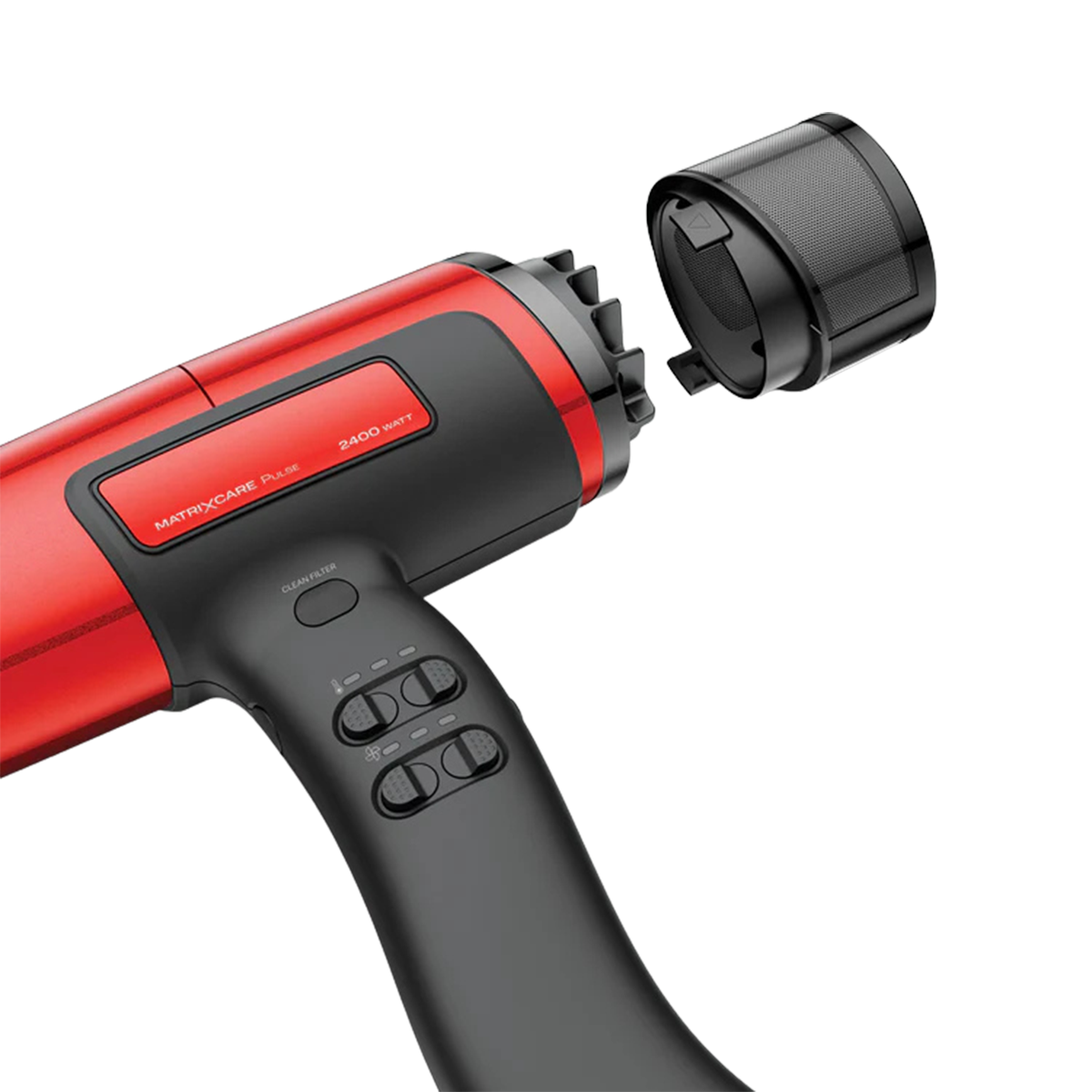 Czerwono-czarna suszarka do włosów z odłączonym czarnym filtrem.