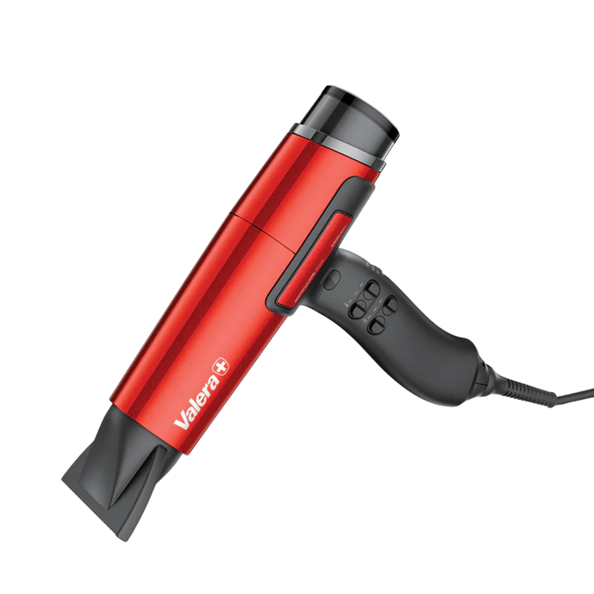 Czerwona suszarka do włosów z czarną rączką i przyciskami.