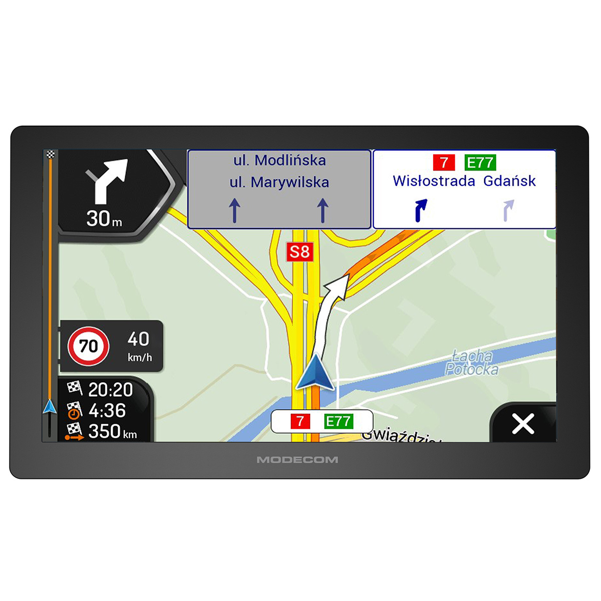 Nawigacja GPS pokazująca mapę z drogami, ograniczenie prędkości 70/40 km/h.