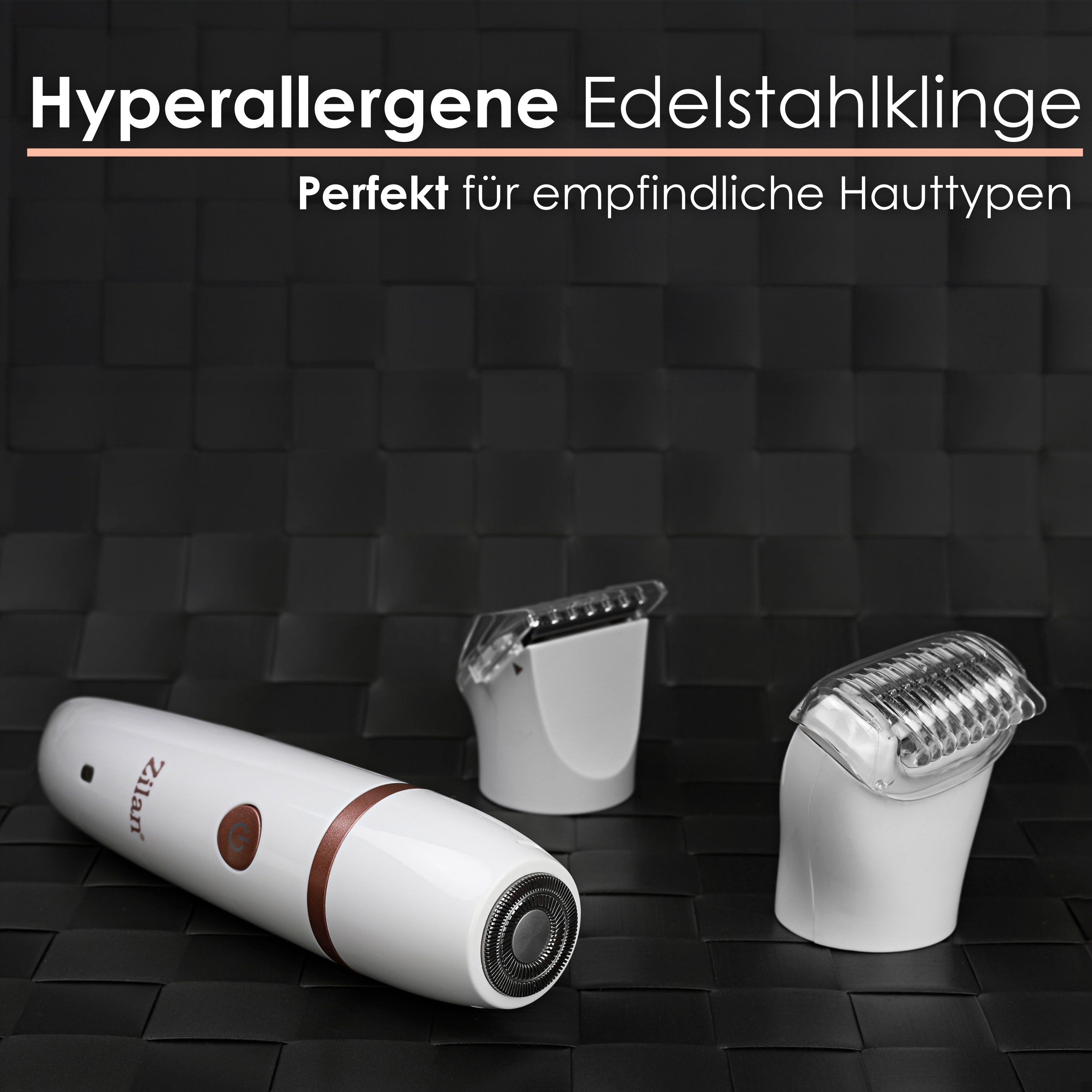 Biała depilarka z różowo-złotymi akcentami i dwoma nasadkami na czarnym tle.