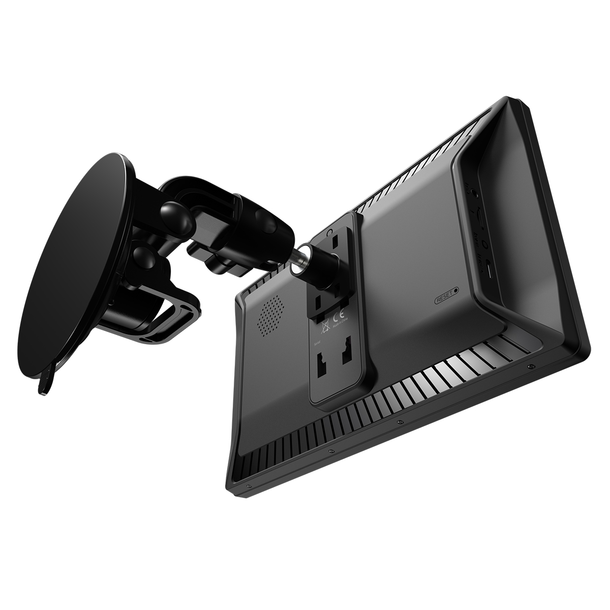 Czarny ekran z mocowaniem na przyssawkę, tył z portami.