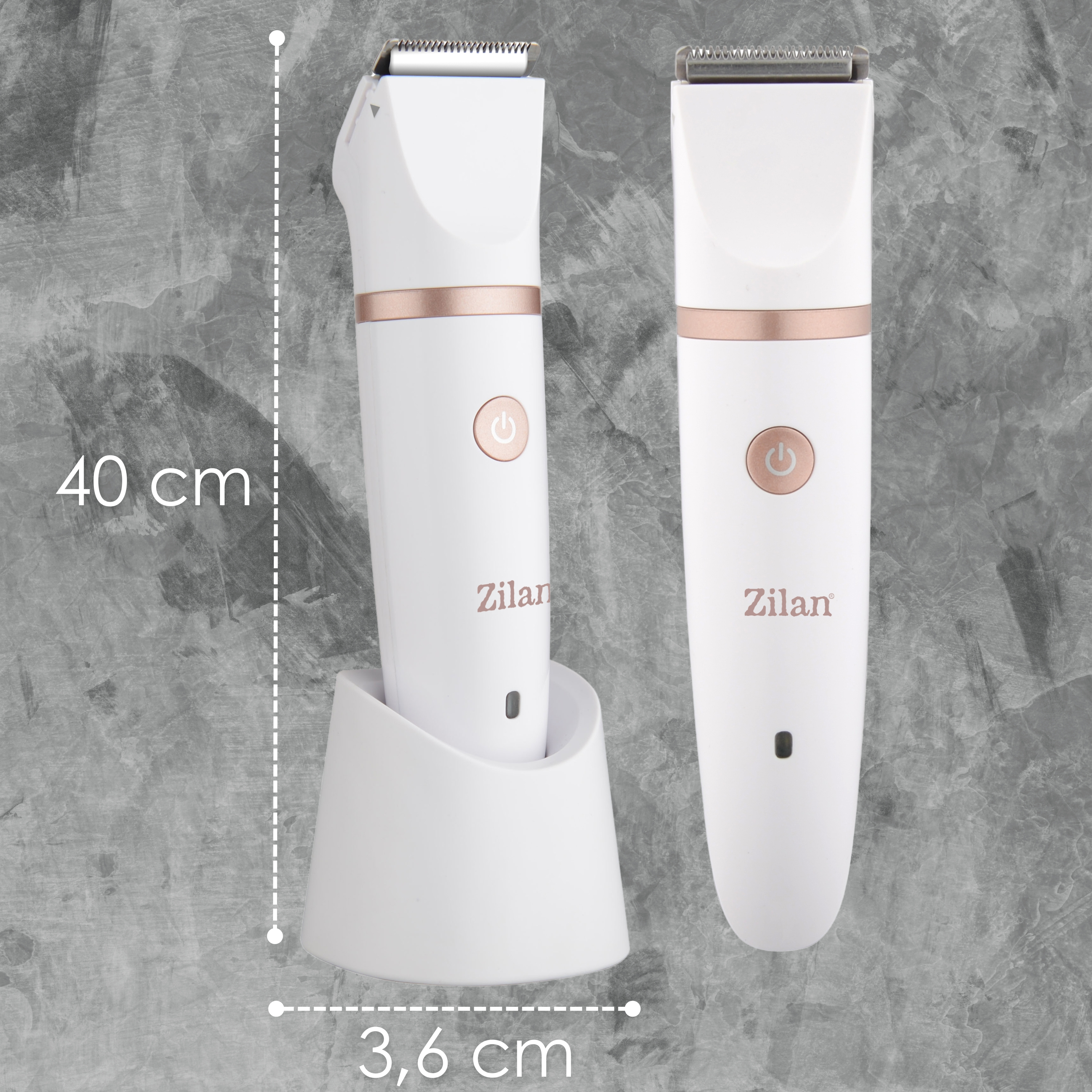 Dwie białe maszynki do strzyżenia włosów z różowo-złotymi akcentami.