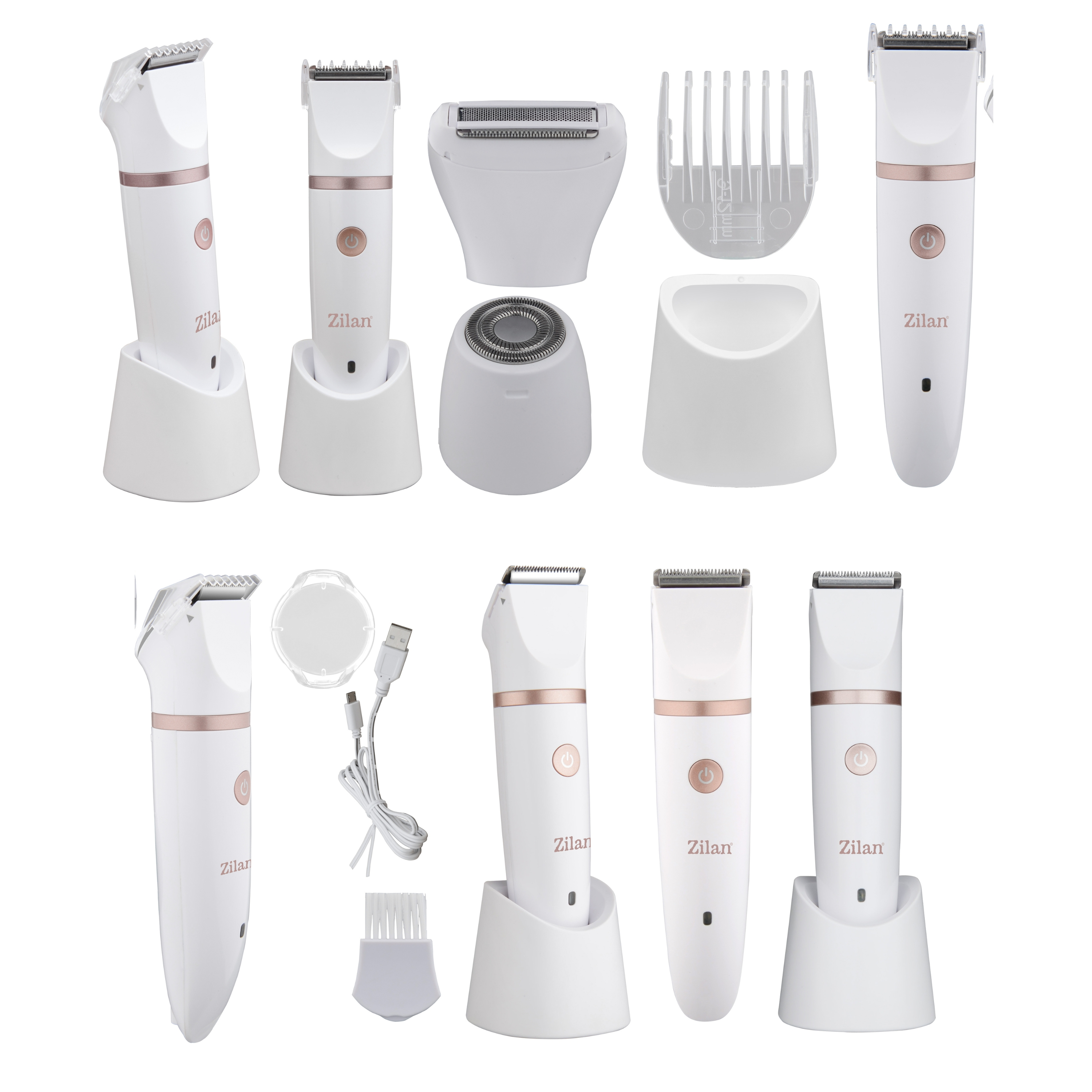 Białe trymerki Zilan z bazami ładującymi, nasadkami grzebieniowymi, kablem USB i szczotką.