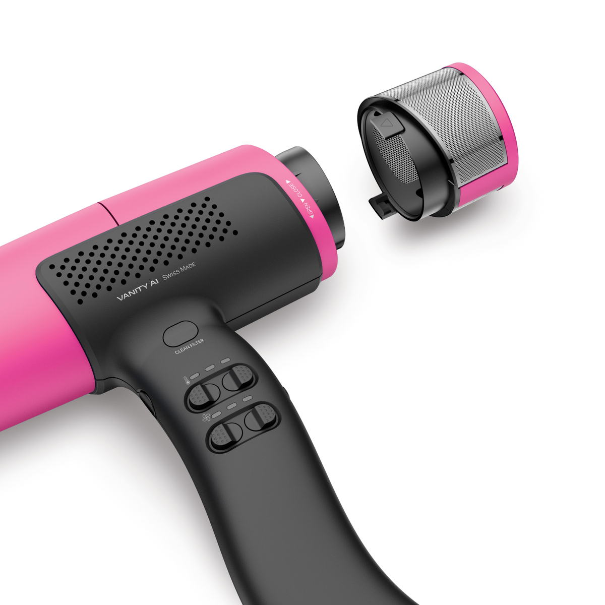 Różowa suszarka do włosów z odłączonym czarnym filtrem siatkowym.