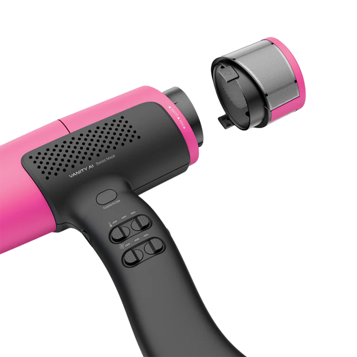 Różowa suszarka do włosów z odłączonym filtrem.