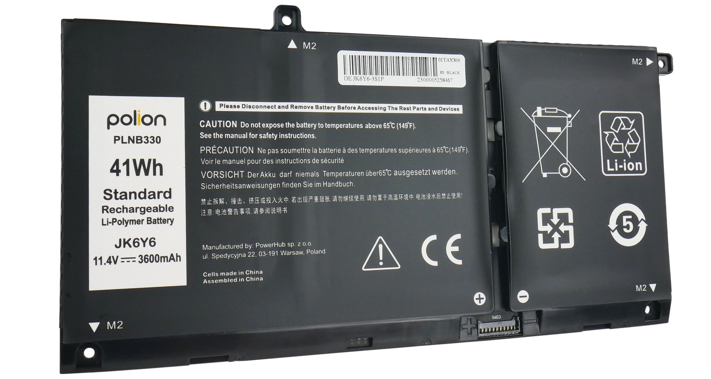 Czarna bateria do laptopa z etykietami: Polion, 41Wh, Li-Polimer, JK6Y6.