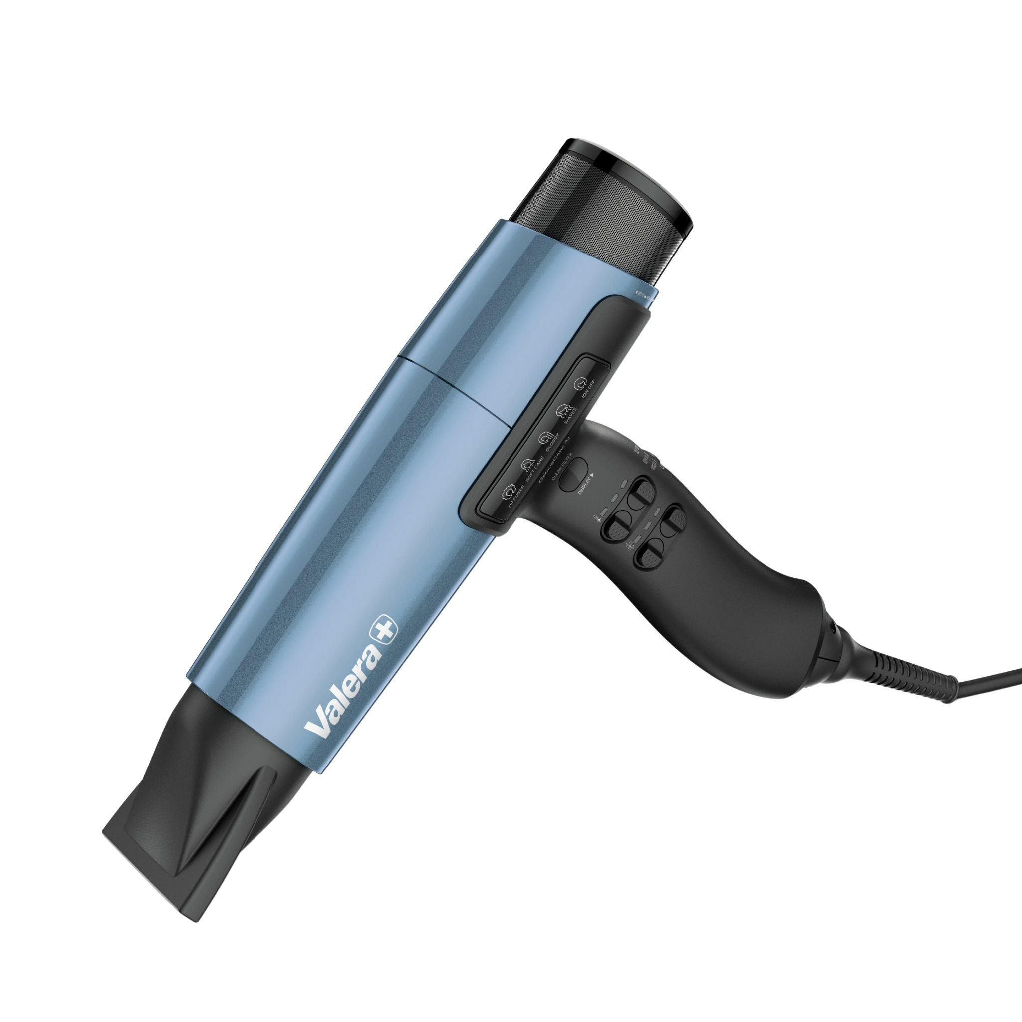 Niebieska suszarka do włosów Valera z czarnymi przyciskami i kablem.