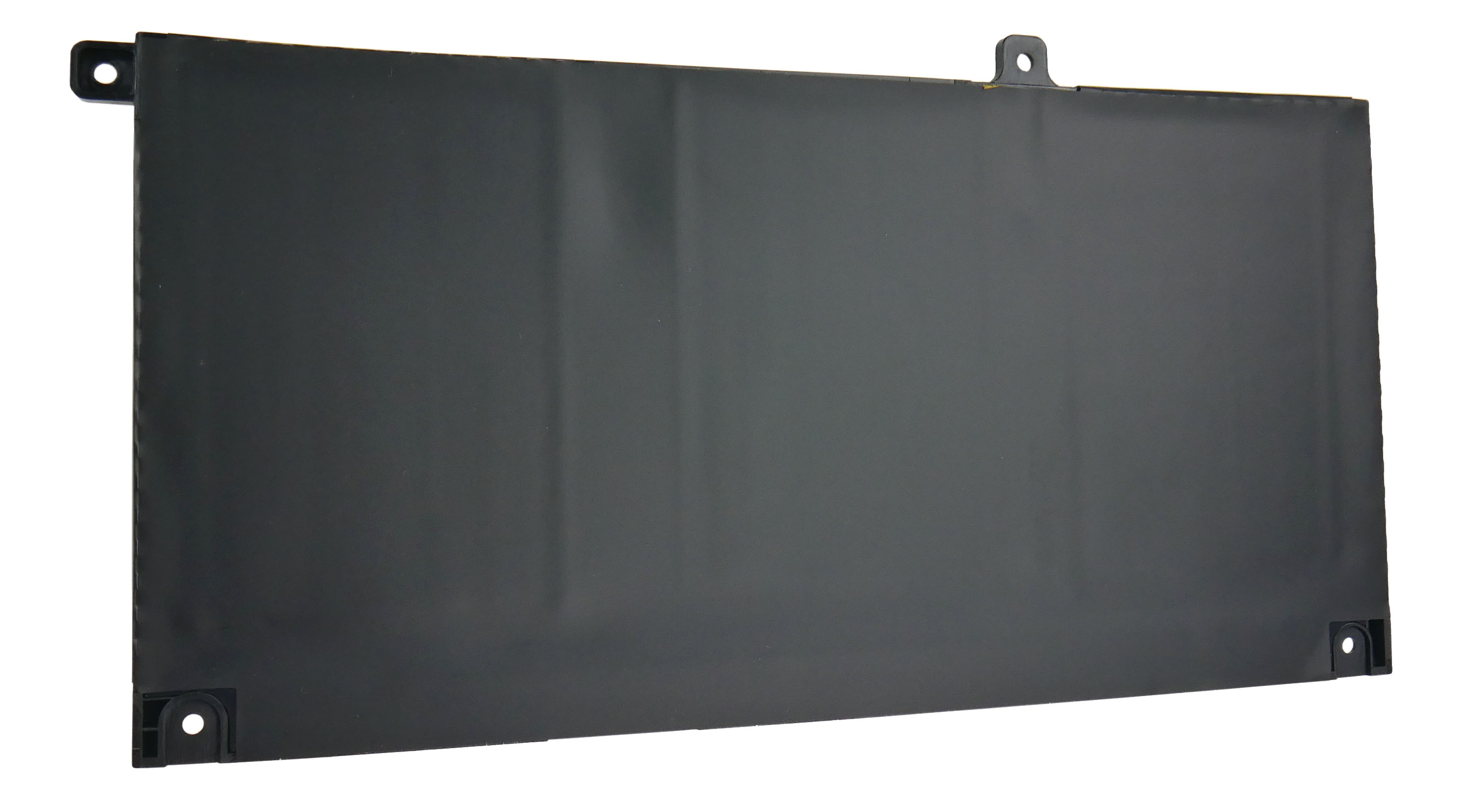 Prostokątna czarna bateria z otworami montażowymi w rogach.