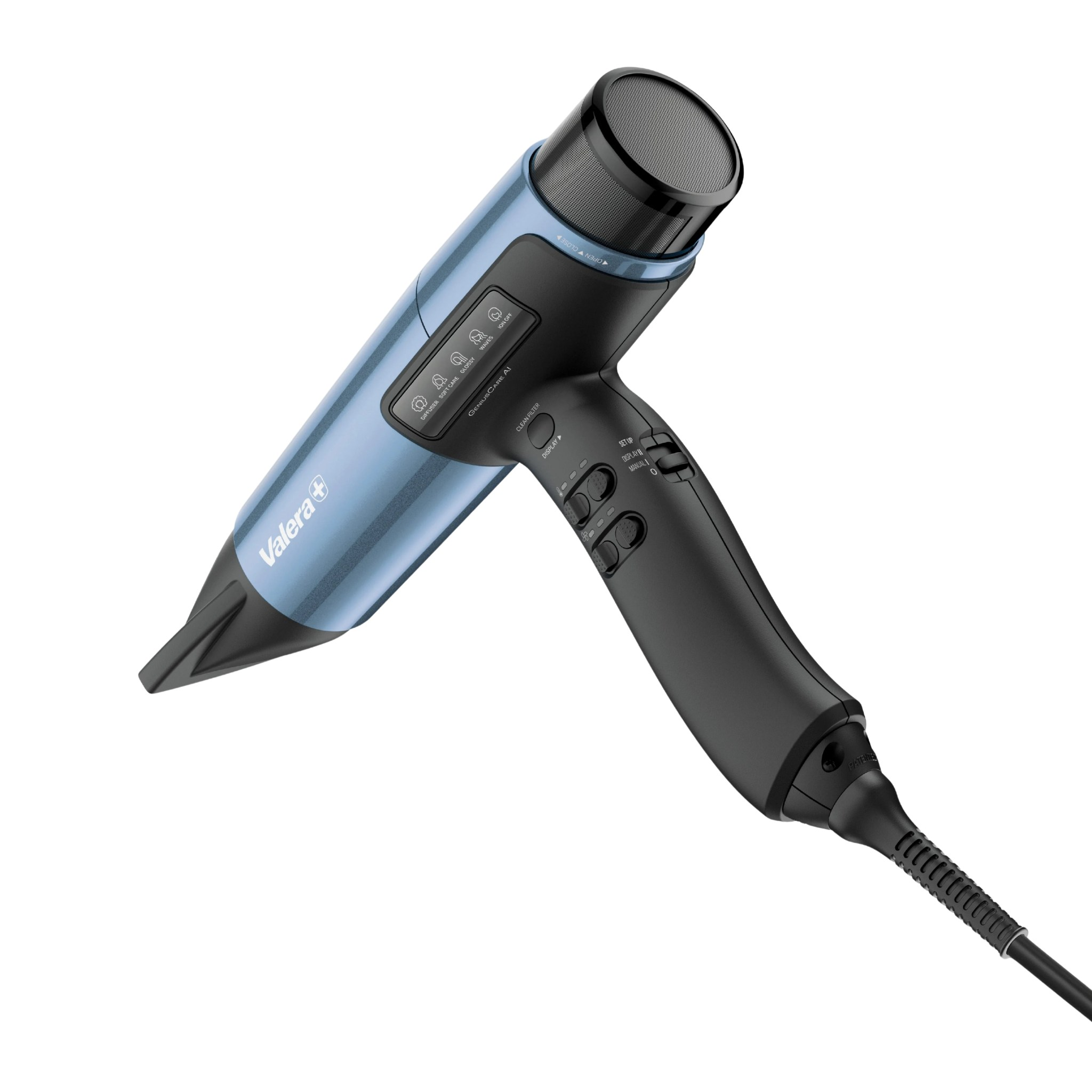 Niebieska i czarna suszarka do włosów Valera z przyciskami sterującymi.