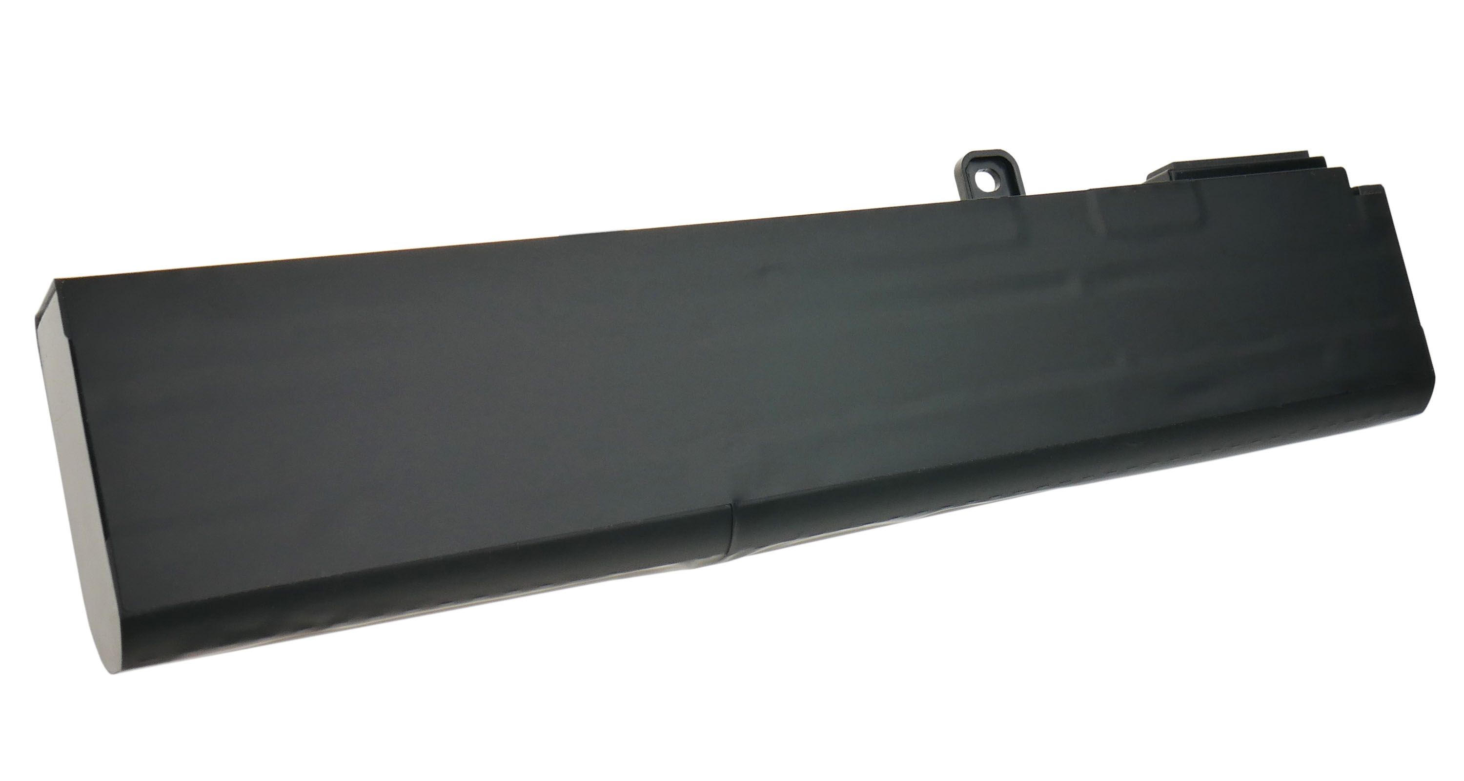 Czarna bateria do laptopa z złączami i otworami montażowymi.