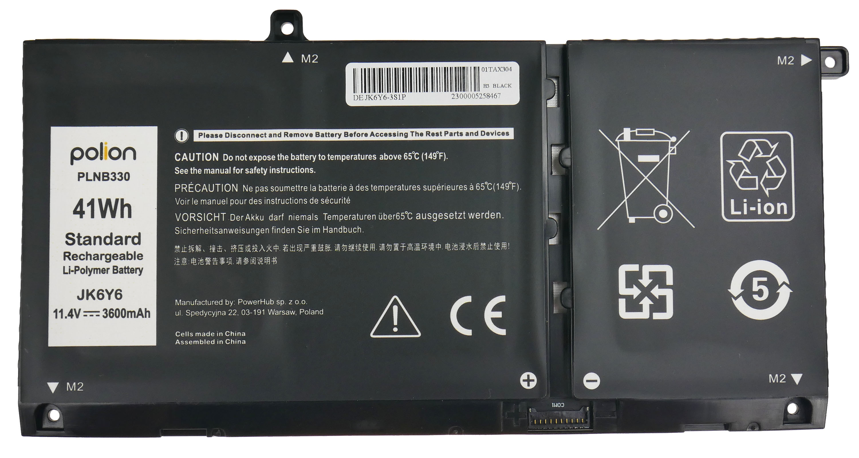 Czarna bateria Li-Polimer, 41Wh, 11,4V, 3600mAh do laptopów.