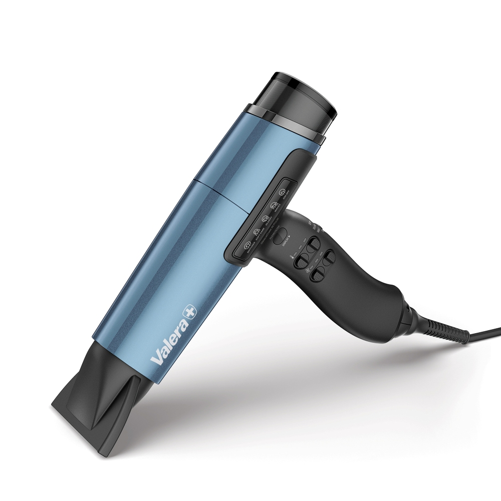 Niebieska suszarka do włosów z czarnym uchwytem i przyciskami.