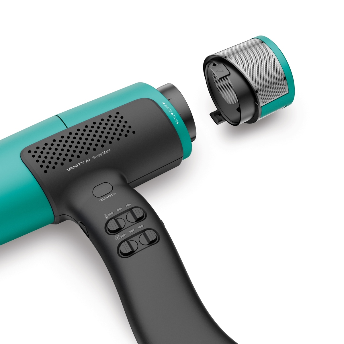Turkusowa suszarka do włosów z czarnym uchwytem i zdejmowanym filtrem.
