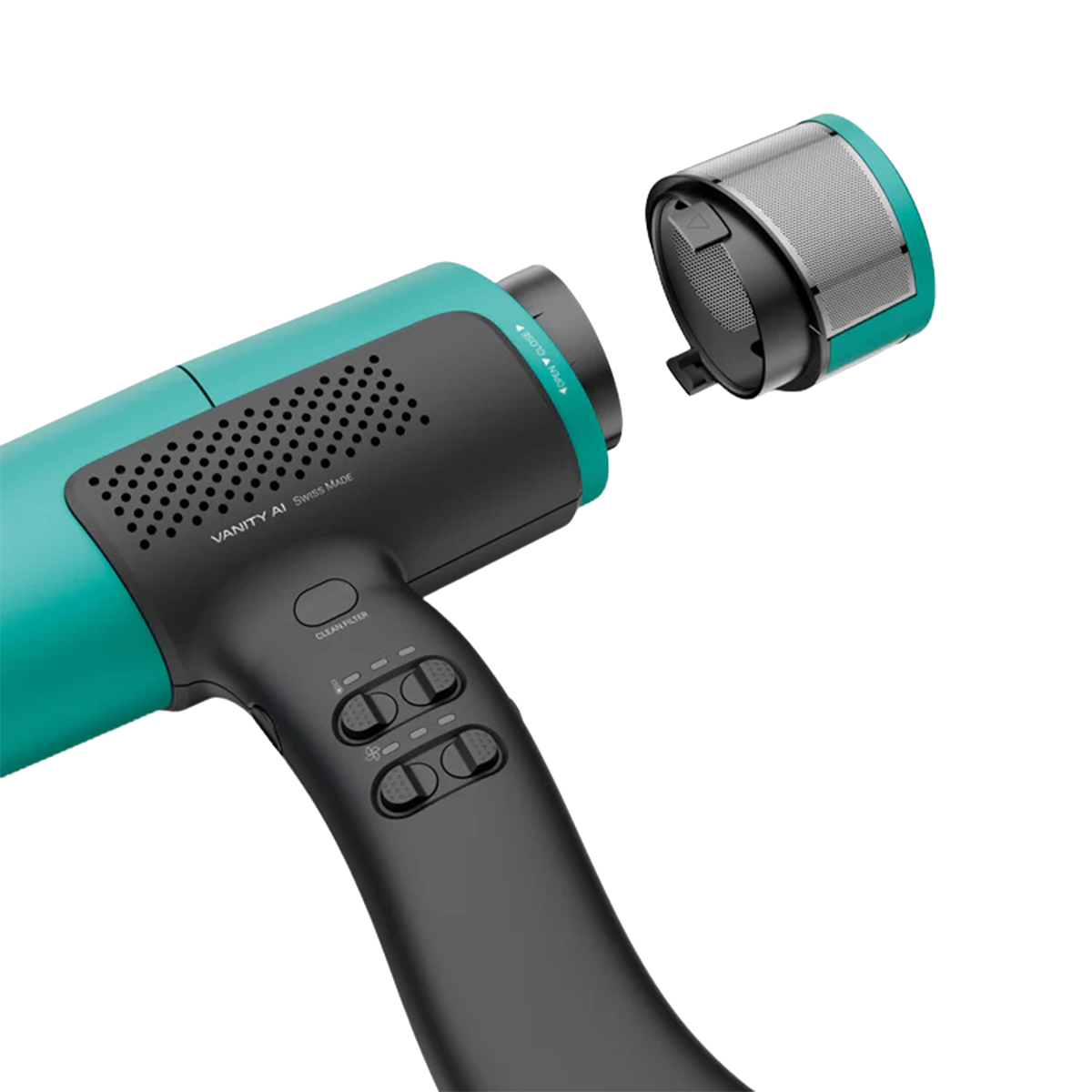 Turkusowa suszarka do włosów z czarnym uchwytem i zdejmowanym filtrem.