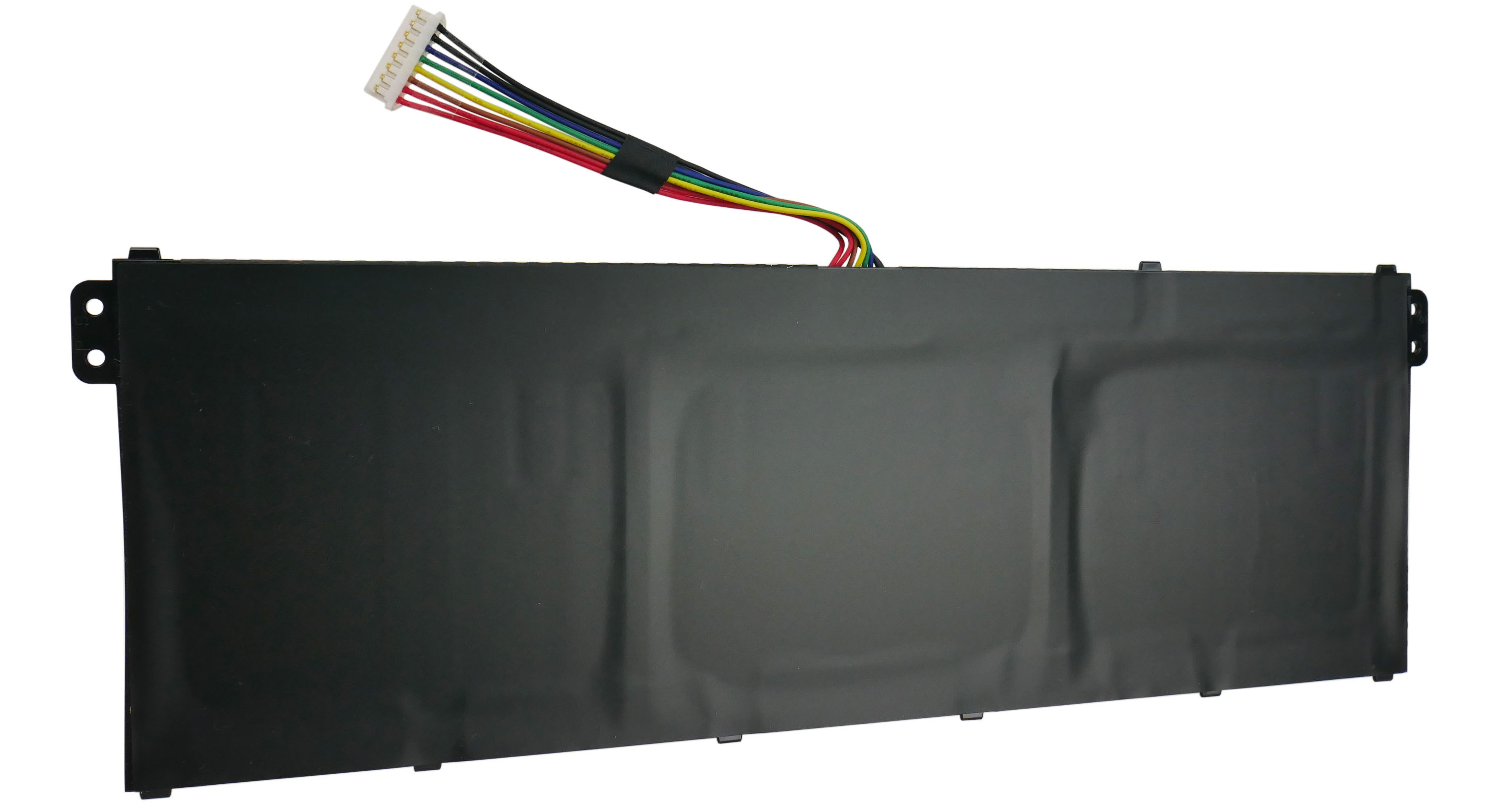 Czarna bateria z wielokolorowym kablem i białym złączem.