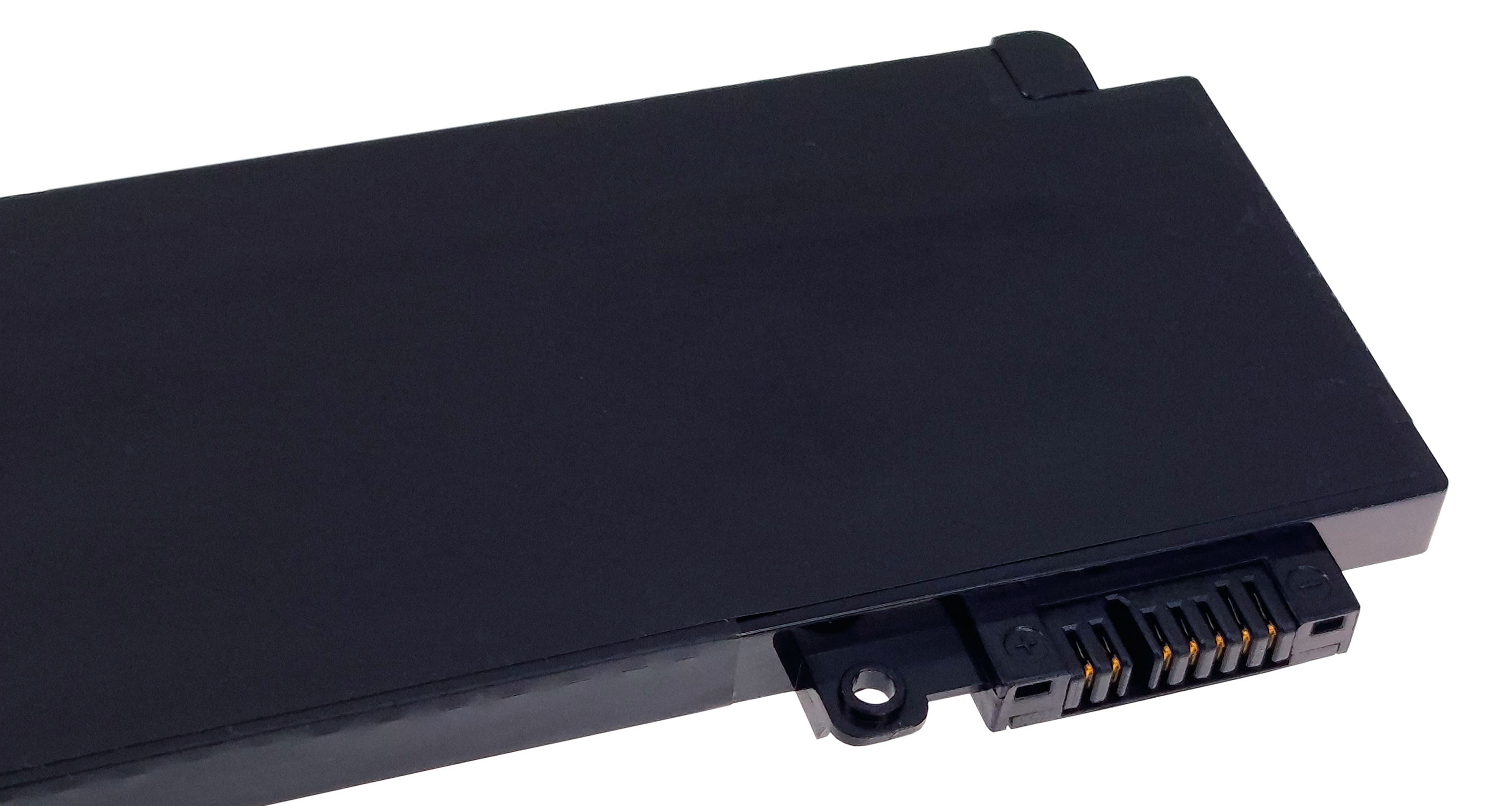 Czarna bateria do laptopa z białym obszarem złącza i widocznymi pinami.