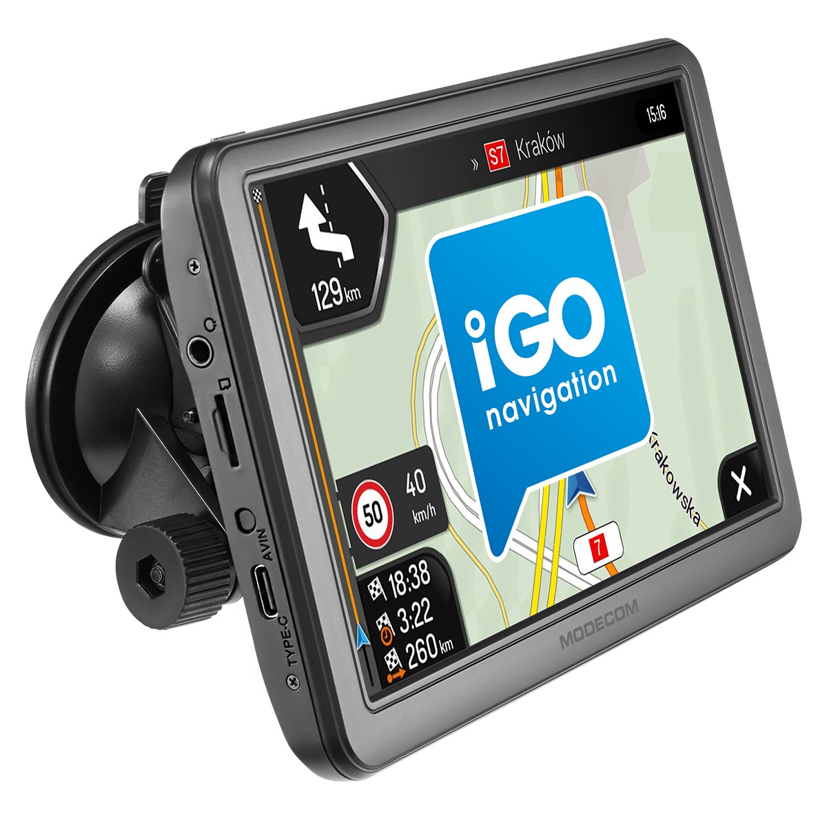 Nawigacja GPS pokazująca mapę z logo iGO. Wyświetla trasę, prędkość, czas.