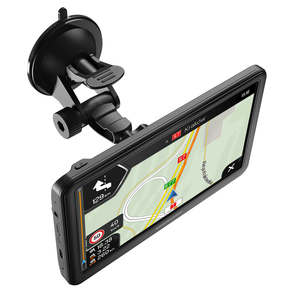 Nawigacja GPS z uchwytem na przyssawkę wyświetla mapę z trasą.