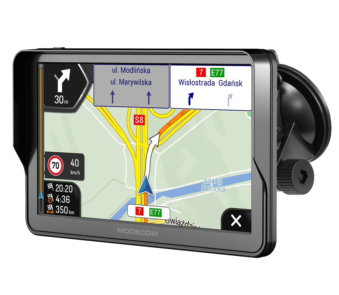 Nawigacja GPS wyświetlająca mapę z prędkością, czasem i trasą.
