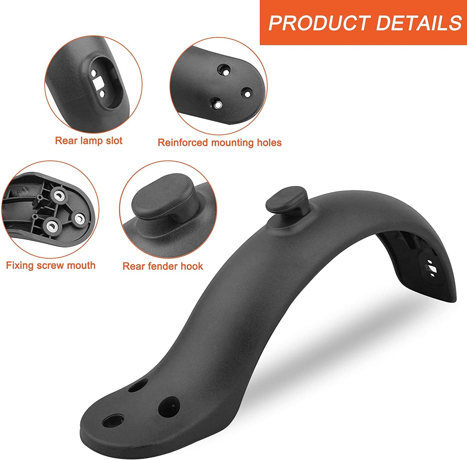 Czarny błotnik z wycięciami na lampę i śruby, wzmocnione otwory montażowe.