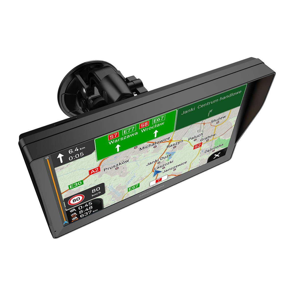 Nawigacja GPS wyświetla mapę z trasami i informacjami o ruchu.