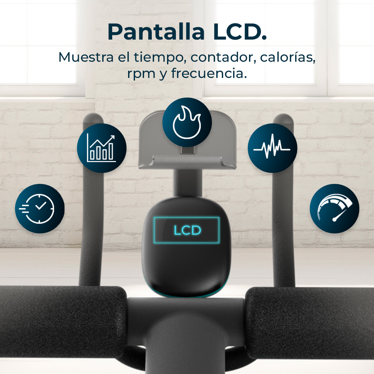Ekran LCD z ikonami czasu, kalorii, tętna i prędkości.