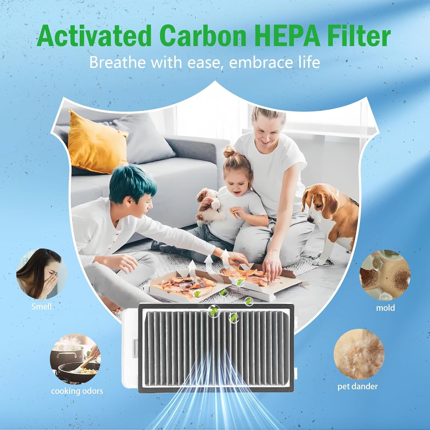 Familie met hond en HEPA-filter die geuren verwijdert.