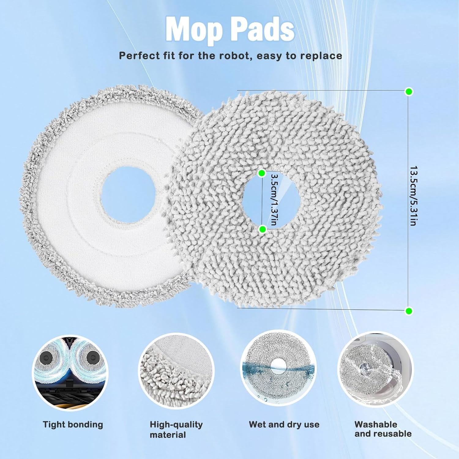 Twee ronde grijze dweilpads met een centraal gat. Afmetingen worden getoond.