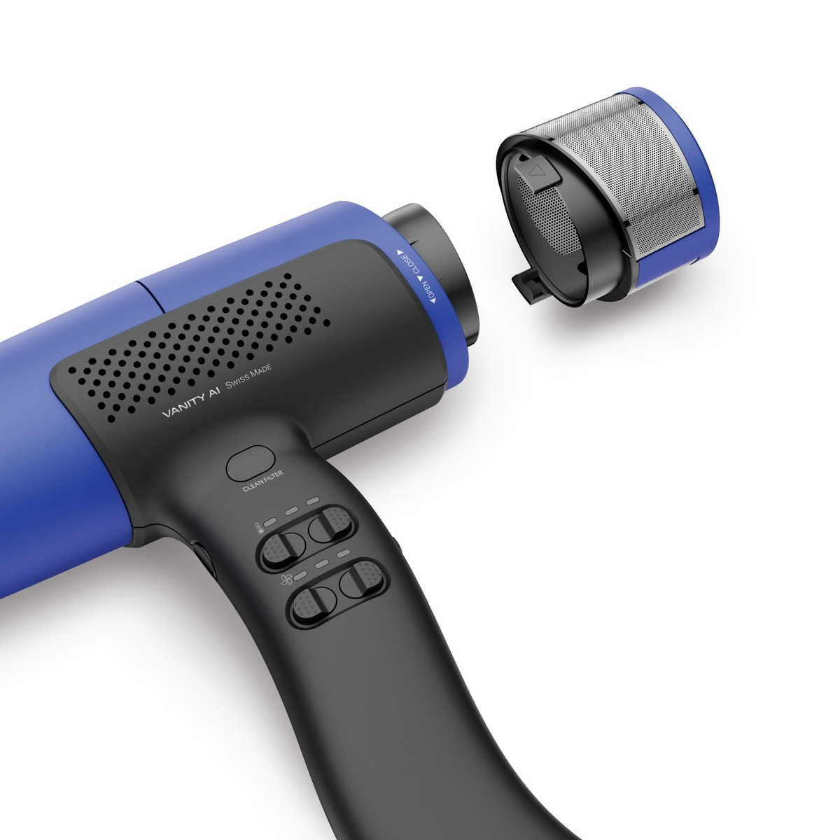 Niebieska suszarka do włosów z czarnym uchwytem i odłączonym filtrem.