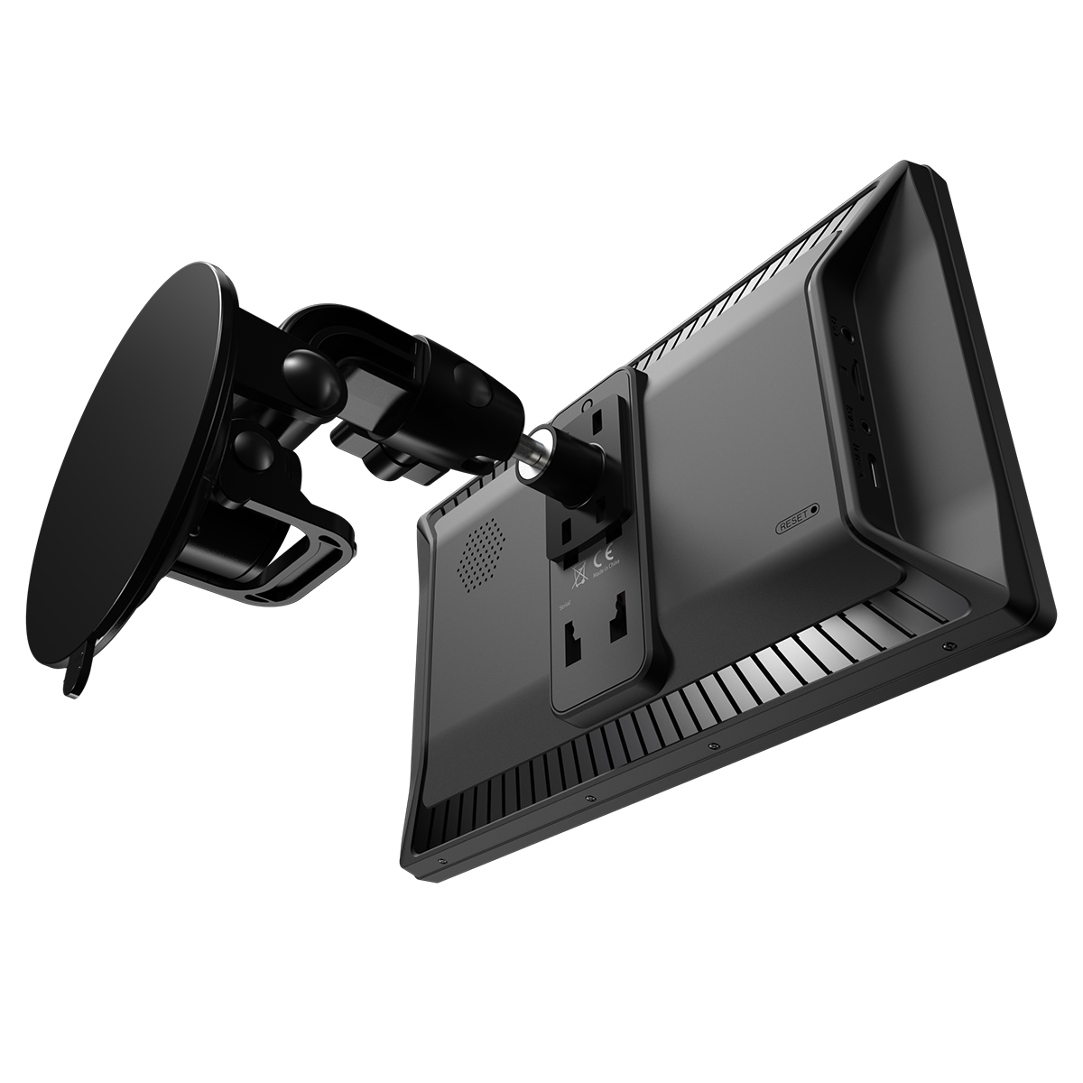 Czarny uchwyt z przyssawką jest przymocowany do tyłu czarnego urządzenia elektronicznego.