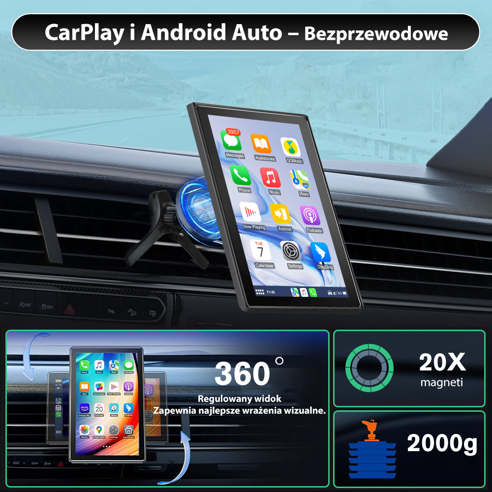Smartfon z uchwytem CarPlay/Android Auto na kratce nawiewu samochodu.