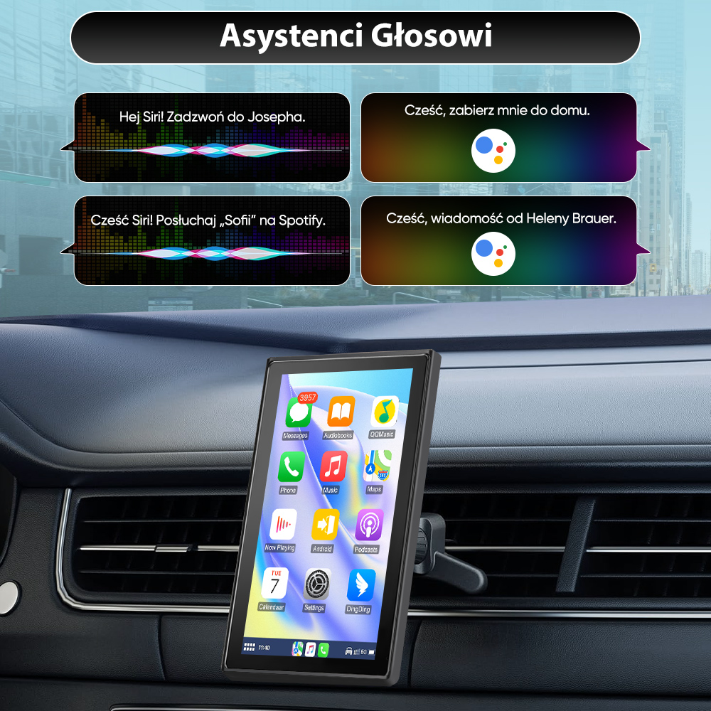 Smartfon wyświetla polecenia asystenta głosowego w samochodzie.