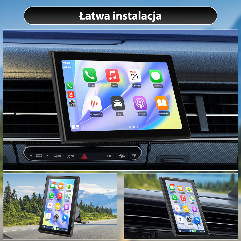 Smartfon z aplikacjami na desce rozdzielczej samochodu, na zewnątrz i wewnątrz.