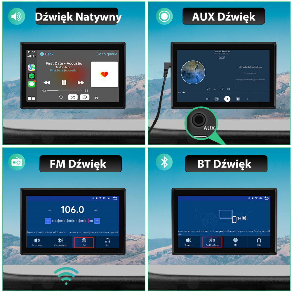 Cztery ekrany pokazują opcje audio: Natywny, AUX, FM i Bluetooth.