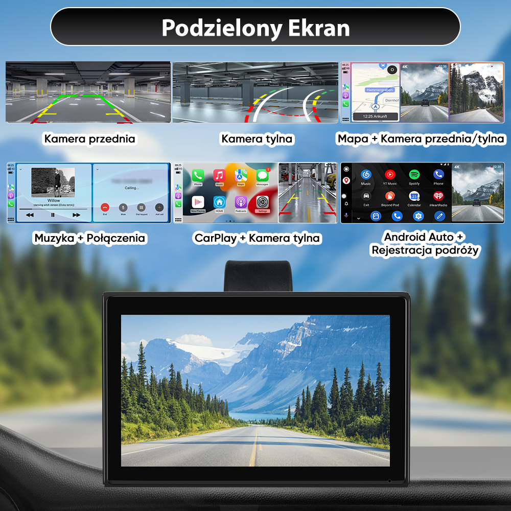 Podzielony ekran: kamery, mapa, muzyka, CarPlay, Android Auto.