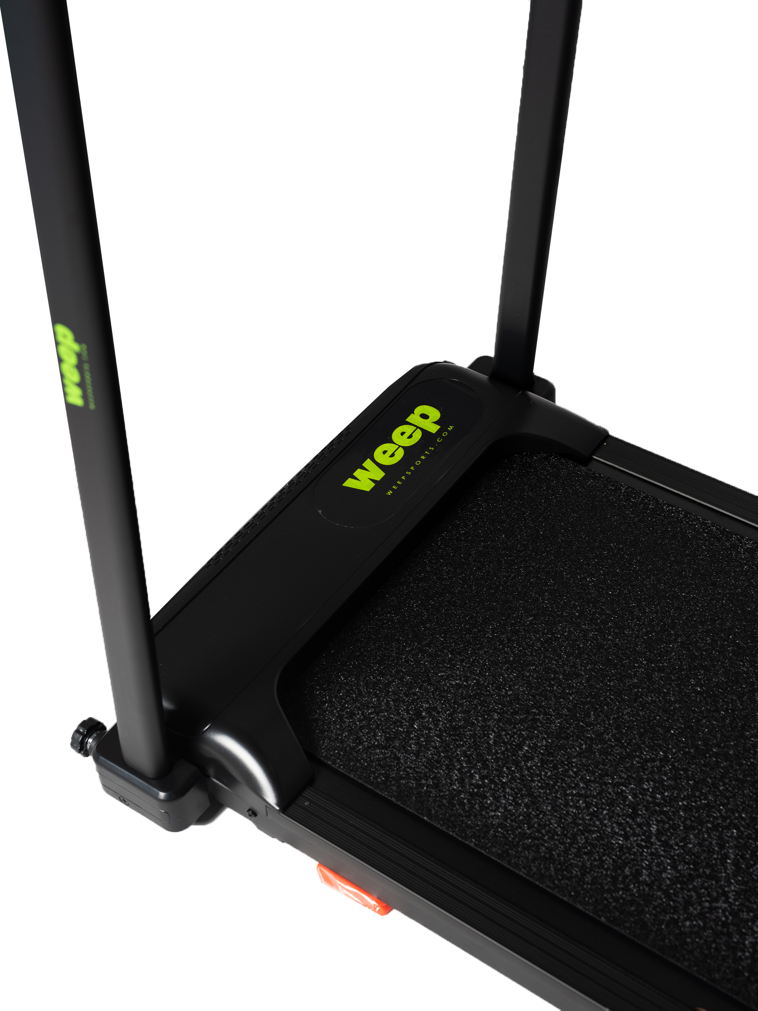 Czarna bieżnia z zielonym logo Weep i metalowymi drążkami, zbliżenie.