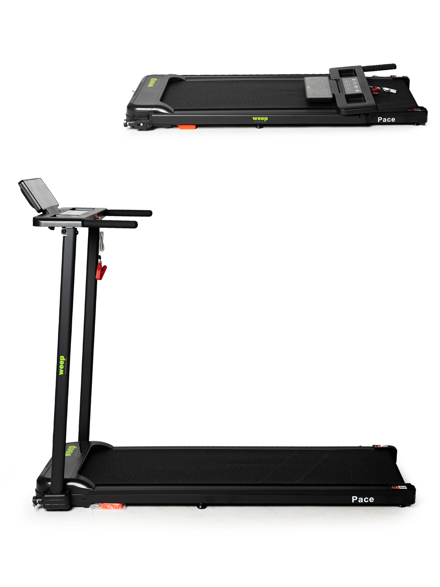 Czarna bieżnia, pokazana złożona i pionowo, z panelem sterowania i uchwytami.