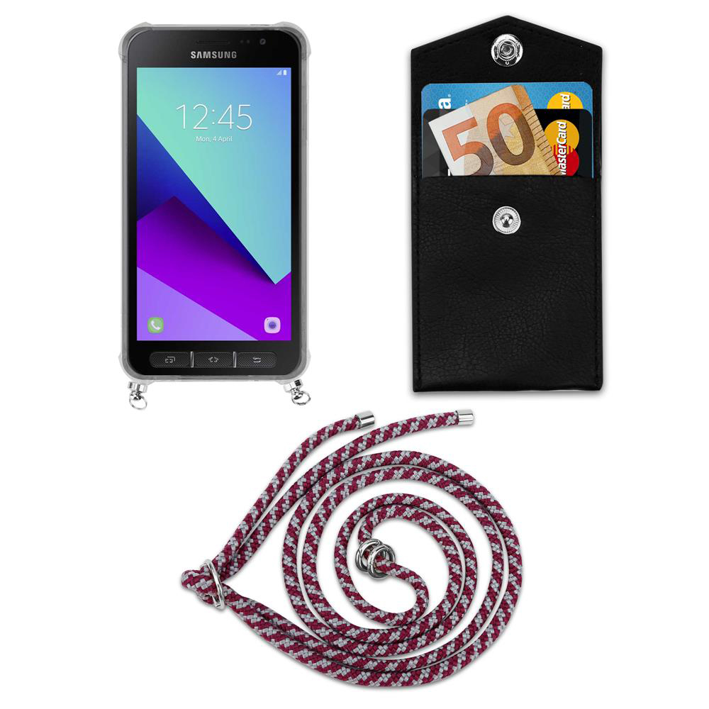 Samsung smartphone in custodia, portafoglio con soldi e carta, e laccetto.