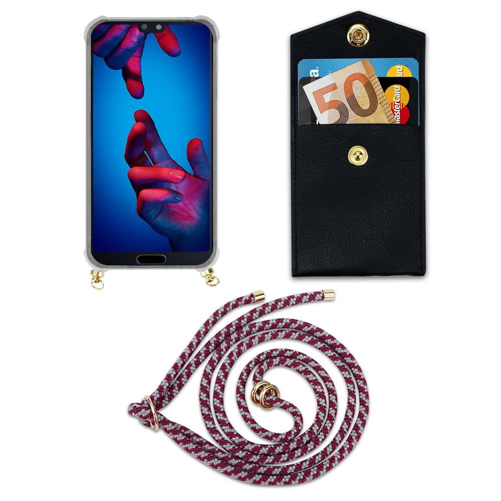 Smartphone con custodia, tasca nera con soldi e carte, e un cordone.