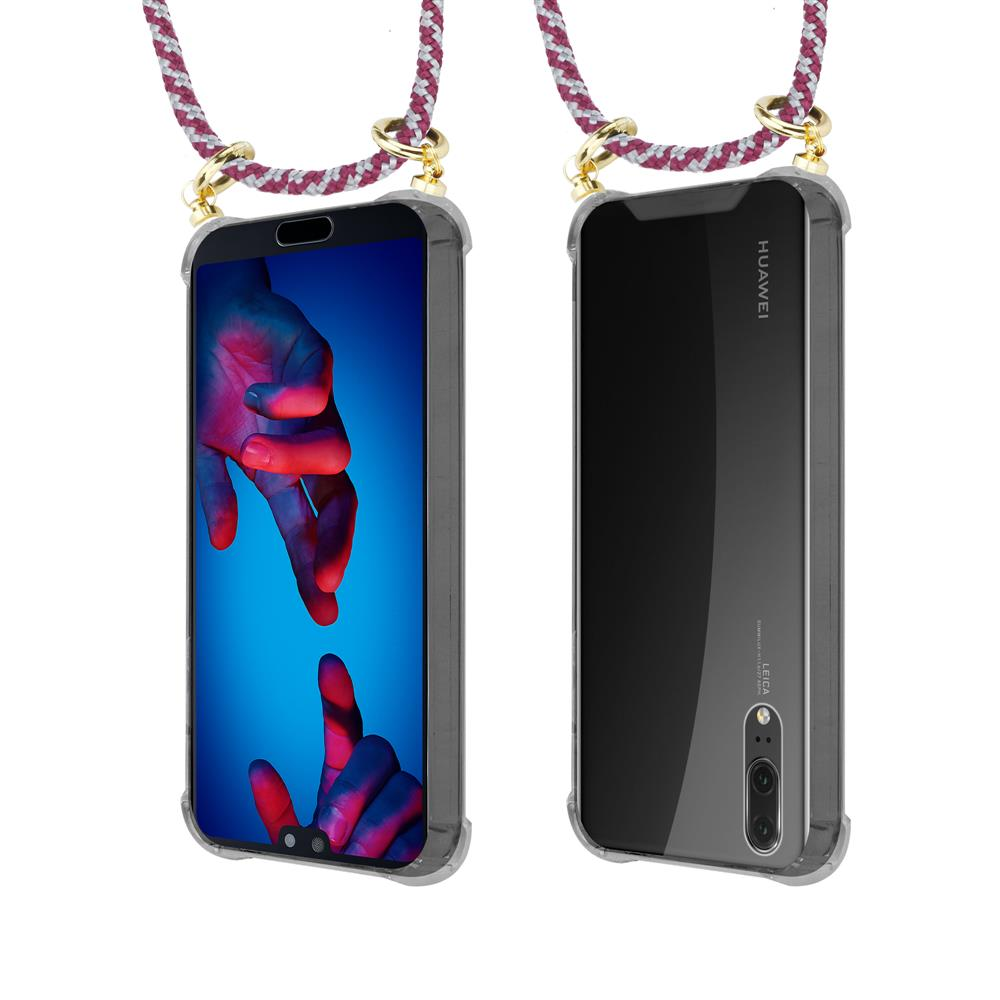 Due smartphone Huawei con laccetto in custodie trasparenti, viste fronte e retro.