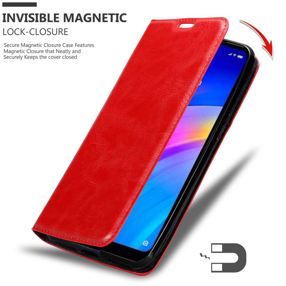 Custodia telefono chiusura magnetica rossa aperta, schermo visibile. Icona magnete.