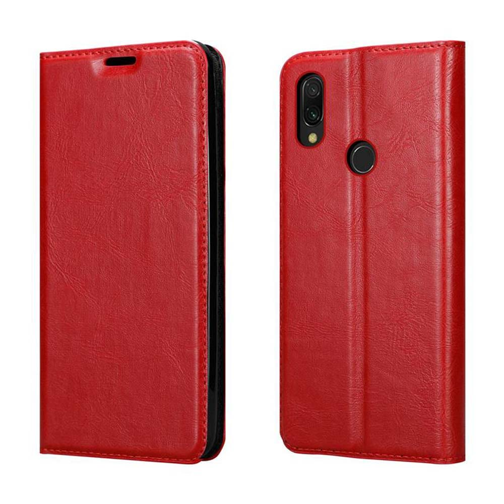 Custodia rossa in pelle a libro con foro per fotocamera e sensore.
