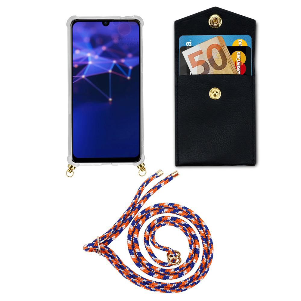 Smartphone con custodia, portafoglio con soldi e carte, e cordino.