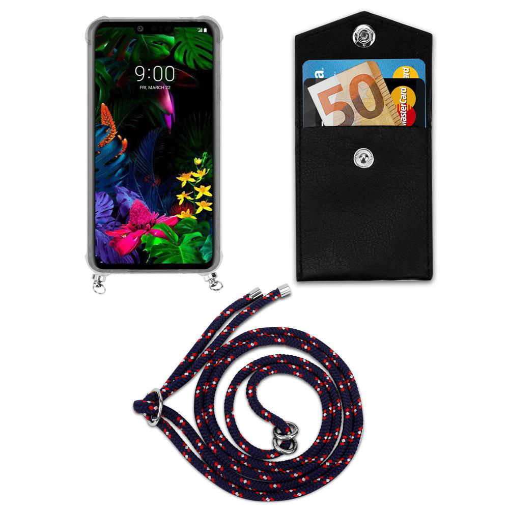 Smartphone mit bunter Display-Hintergrund, schwarzes Etui mit Geld und Karte, Schnur.