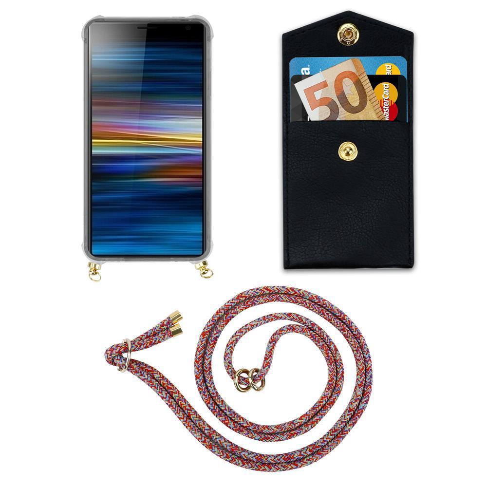 Smartphone mit Hülle, schwarzes Etui mit Geld und Karten, bunte Kordel.