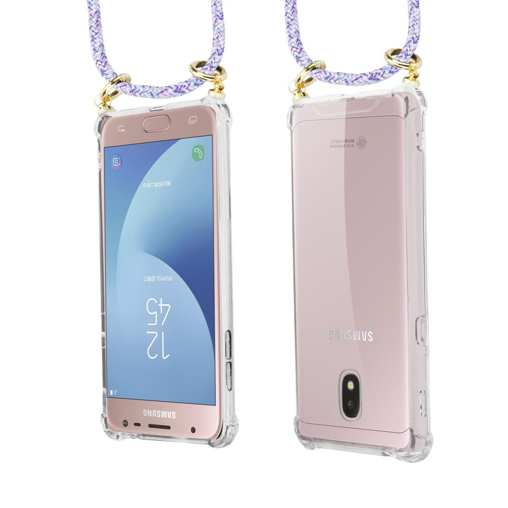 Due telefoni Samsung rosa in custodie trasparenti con laccetti, vista frontale e posteriore.