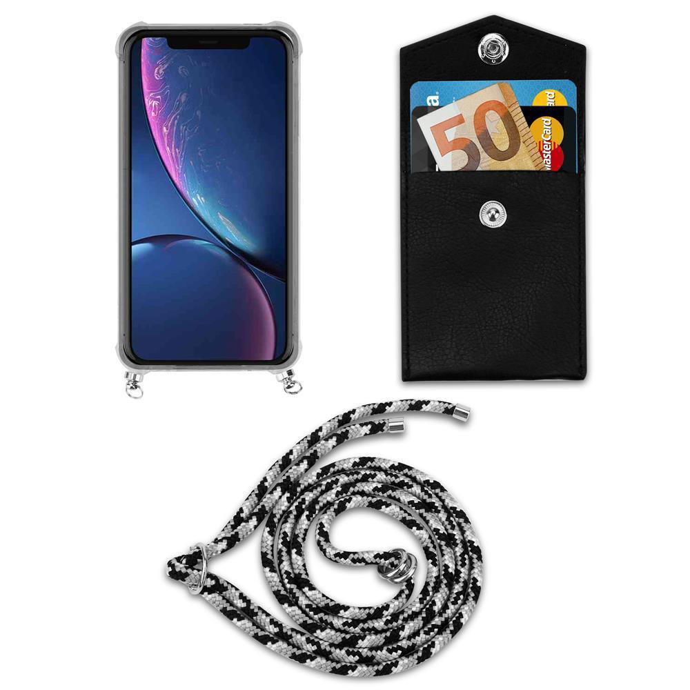 Uno smartphone in custodia, un portafoglio con soldi e carta, e un cordino.