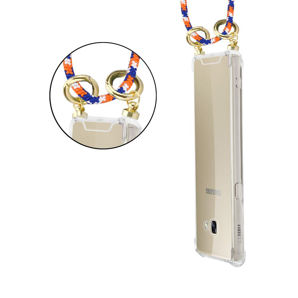 Custodia trasparente per telefono con laccetto intrecciato arancione, bianco e blu.